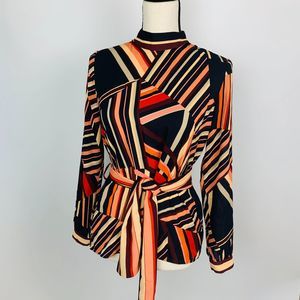 Zara Geometric Striped Orange Black Blouse Medium